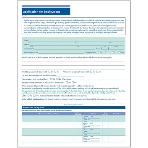 Employ Application Short Form (Packs)50 Per Pack