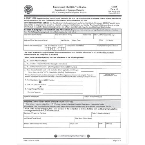 I-9 Employee Verification Form