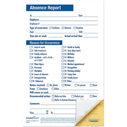 Ncr Absentee Late Report (Packs) 5O Per Pack