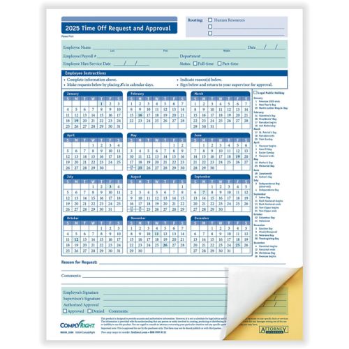 2025 Yearly Vacation Request (Packs) 25 Pack