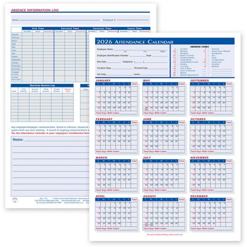 2026 Attendance Calendar Form (Pack) 25 Per Pack