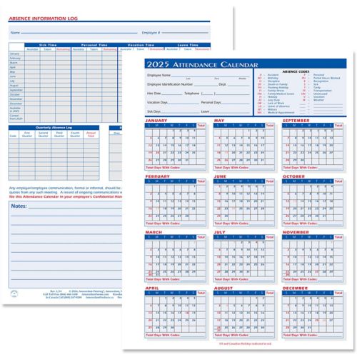 2025 Attendance Calendar Form (Packs) 25 Per Pack
