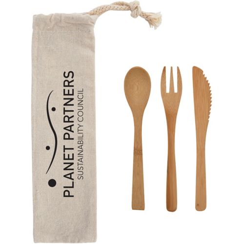 3 Piece Bamboo Utensil Set In Travel Pouch