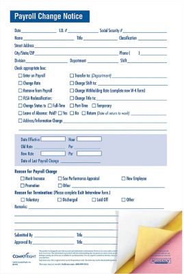 Payroll Forms: Payroll Change Notice 5.5 x 8.5(Packs) 50 Per Pack