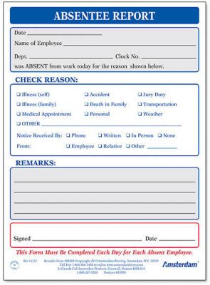 Attendance Forms: Absentee Report Pads (100 Sheets/Pad) 5 Pads/Pack