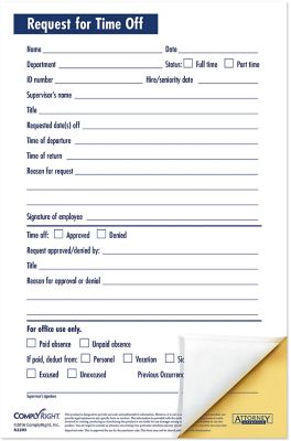 Payroll Forms: Vacation/Time Out 2Part (Pack) 50 Per Pack