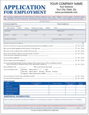 Custom Printed Employment Application Short Forms