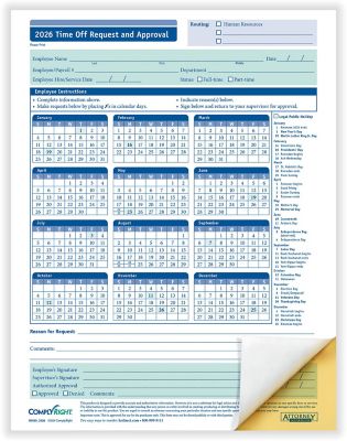Attendance Forms: 2026 Yearly Vacation Request (Packs) 25 Per Pack