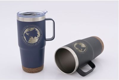 24 Custom Logo Travel Mugs & Tumblers Saratoga Cork Bottom Stainless Tumbler 18 oz Bulk Imprinted Promotional Products Tumblers by Amsterdam Printing