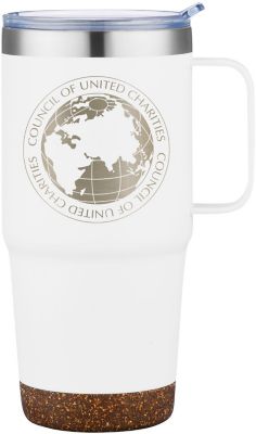 24 Custom Logo Travel Mugs & Tumblers Saratoga Cork Bottom Stainless Tumbler 18 oz Bulk Imprinted Promotional Products Tumblers by Amsterdam Printing