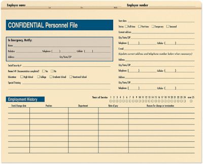 Employee Record Keeping Forms & Folders: Confidential Info. Pocket File (Packs) 25 Per Pack