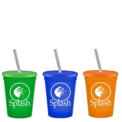 16 oz Plastic Stadium Cups with Lid & Straw