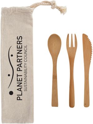 Custom Lunch & Cooler Bags: 3 Piece Bamboo Utensil Set In Travel Pouch