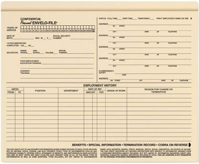 Employee Record Keeping Forms & Folders: Confidential Personnel Envelo-File® Pack Of 25