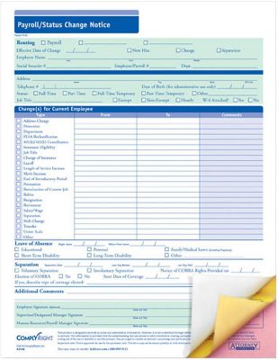 Employee Record Keeping Forms & Folders: Payroll Status Change Form-3 Part 50 Per Pack
