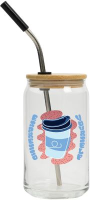 Bar & Glassware: Full Color Can Glass With Lid And Straw 16 oz