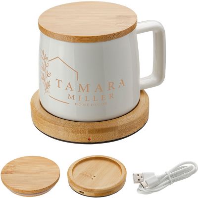 Promotional Mugs: Bamboo Mug Warmer With Ceramic Mug 8 oz
