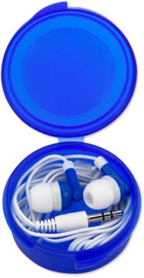 Earbuds In Round Plastic Case