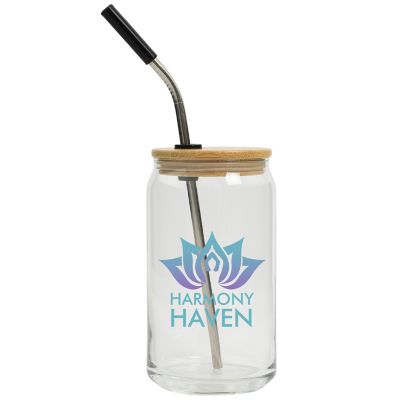 Health & Wellness: Full Color Can Glass 16 oz With Lid And Straw